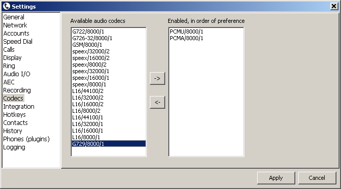 tSIP codec configuration - G.729