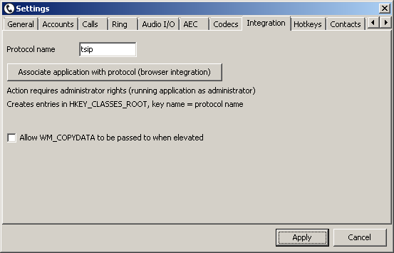 tSIP browser integration settings