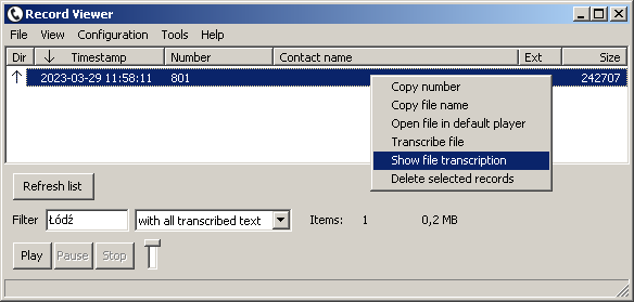 tSIP RecordViewer transcription filter