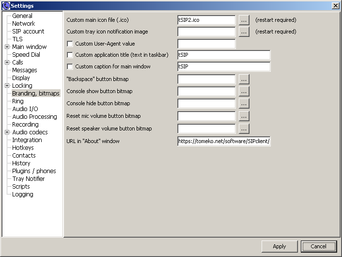 tSIP Branding settings page