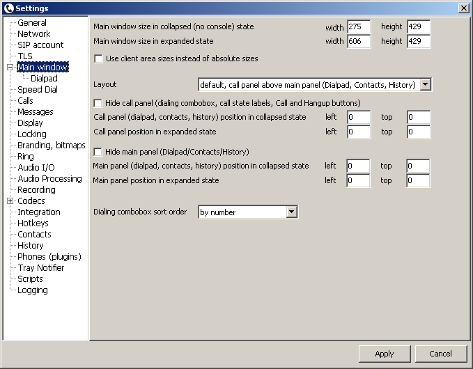 tSIP main window settings