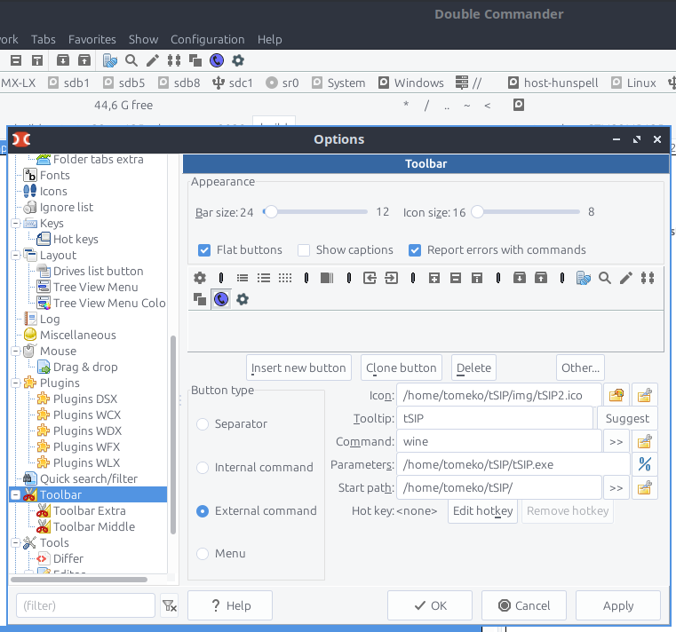 tSIP on Double Commander toolbar